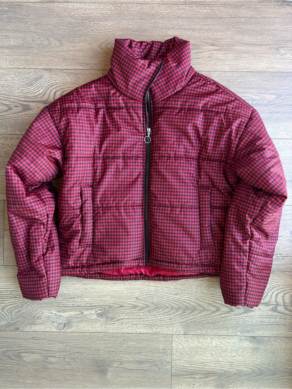 Celebrity Pink Red and Black Check Puffer Jacket